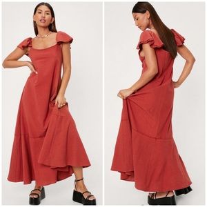 Nasty Gal ruffle linen look relaxed maxi dress size 6